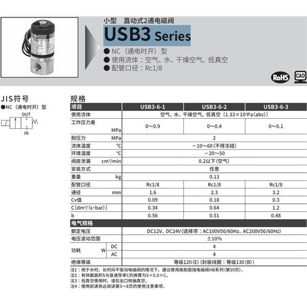 CKD喜開理多種流體小型直動式2通電磁閥USB3-6-2-B-DC24V