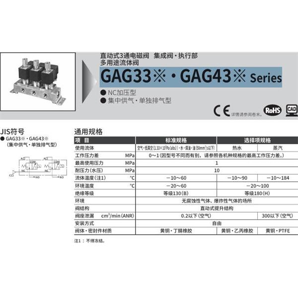 CKD喜開理多種流體直動式2通電磁集成閥GAG331N-2-7-DC 24V
