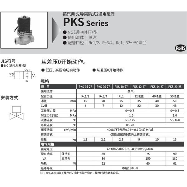 CKD喜開理蒸汽用先導突跳式2通電磁閥PKS-20-27-4N-AC100V
