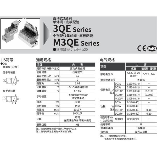 CKD喜開理直動式3通電磁閥M3QE110-M5-E3F-20-8