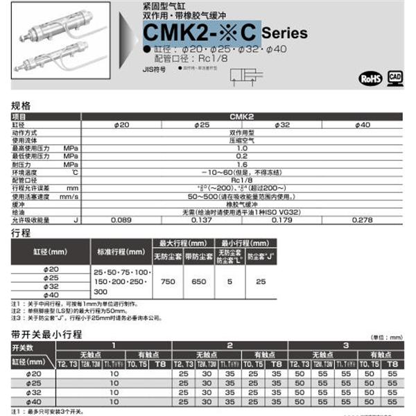 CKD喜開理緊固型氣缸CMK2-LS-20C-100-T0H-R-JI