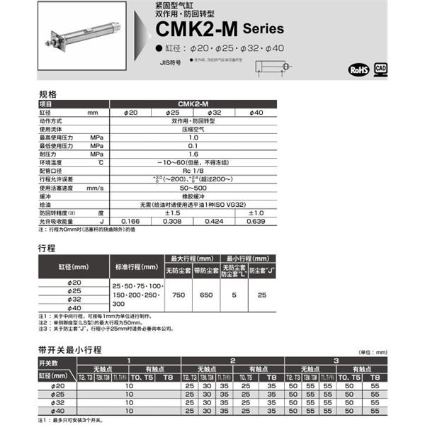 CKD喜開理緊固型氣缸CMK2-M-CC1-20-100-JI