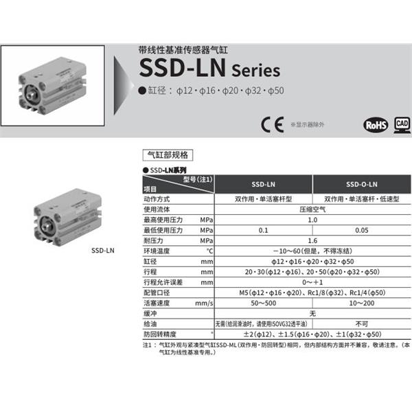 CKD喜開理扁平緊湊型氣缸SSD-LN-1220-10VC125LSDN